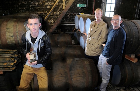 l-r Paul Brannigan William Ruane Gary Maitland The Angels' Share cast unveil a priceless bottle of Malt Mill