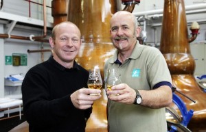 Glengoyne Distillery Manager Robbie Hughes and Learning Manager at WWT Caerlaverock , Dumfriesshire Brian Morrell toast the opening of Glengoyne’s new wetlands area.